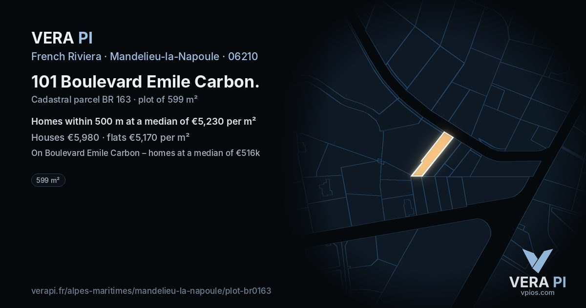 101 Boulevard Emile Carbon, Mandelieu-la-Napoule at night – the plot lit, the parcels around coloured by the prices near them