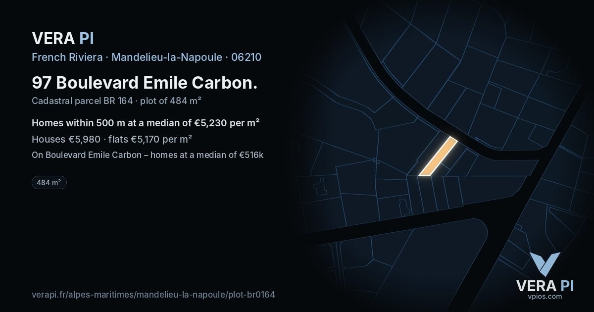 97 Boulevard Emile Carbon, Mandelieu-la-Napoule at night – the plot lit, the parcels around coloured by the prices near them