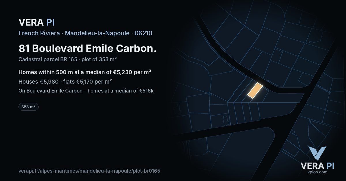 81 Boulevard Emile Carbon, Mandelieu-la-Napoule at night – the plot lit, the parcels around coloured by the prices near them