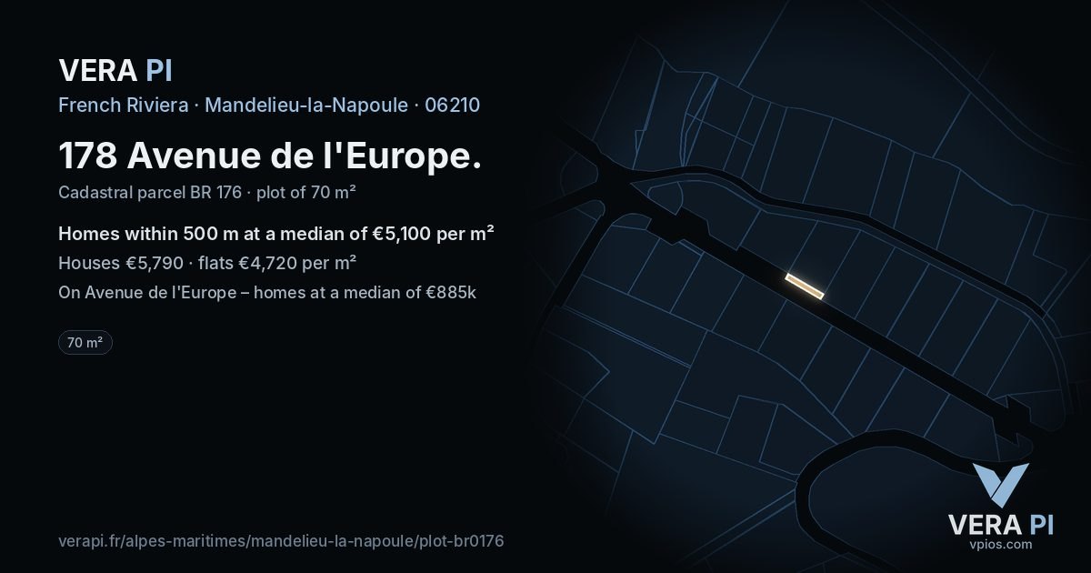 178 Avenue de l'Europe, Mandelieu-la-Napoule at night – the plot lit, the parcels around coloured by the prices near them