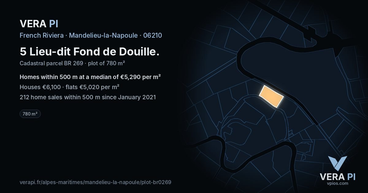 5 Lieu-dit Fond de Douille, Mandelieu-la-Napoule at night – the plot lit, the parcels around coloured by the prices near them