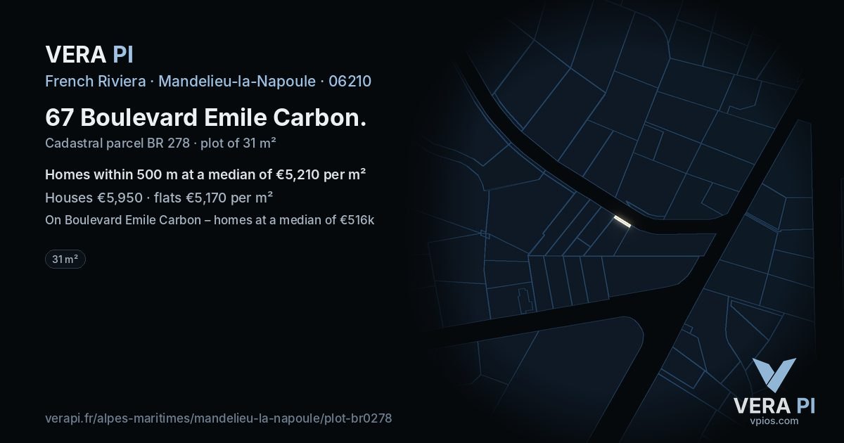 67 Boulevard Emile Carbon, Mandelieu-la-Napoule at night – the plot lit, the parcels around coloured by the prices near them