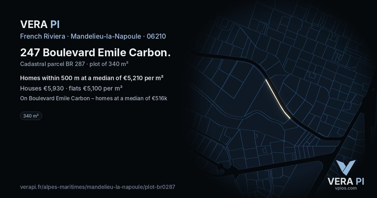 247 Boulevard Emile Carbon, Mandelieu-la-Napoule at night – the plot lit, the parcels around coloured by the prices near them