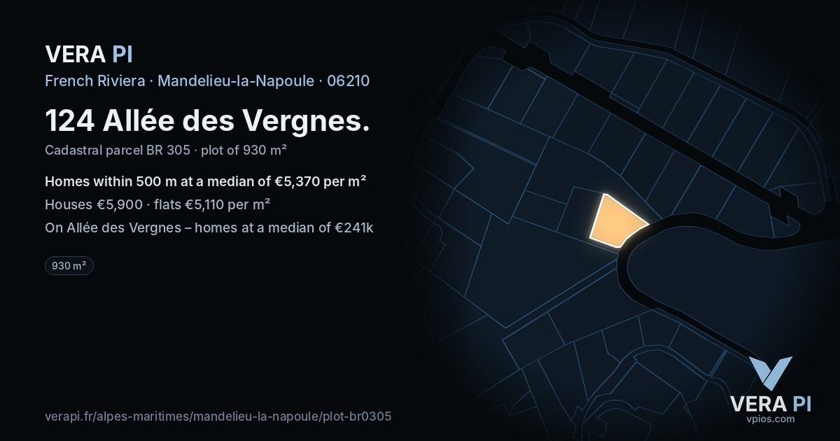 124 Allée des Vergnes, Mandelieu-la-Napoule at night – the plot lit, the parcels around coloured by the prices near them
