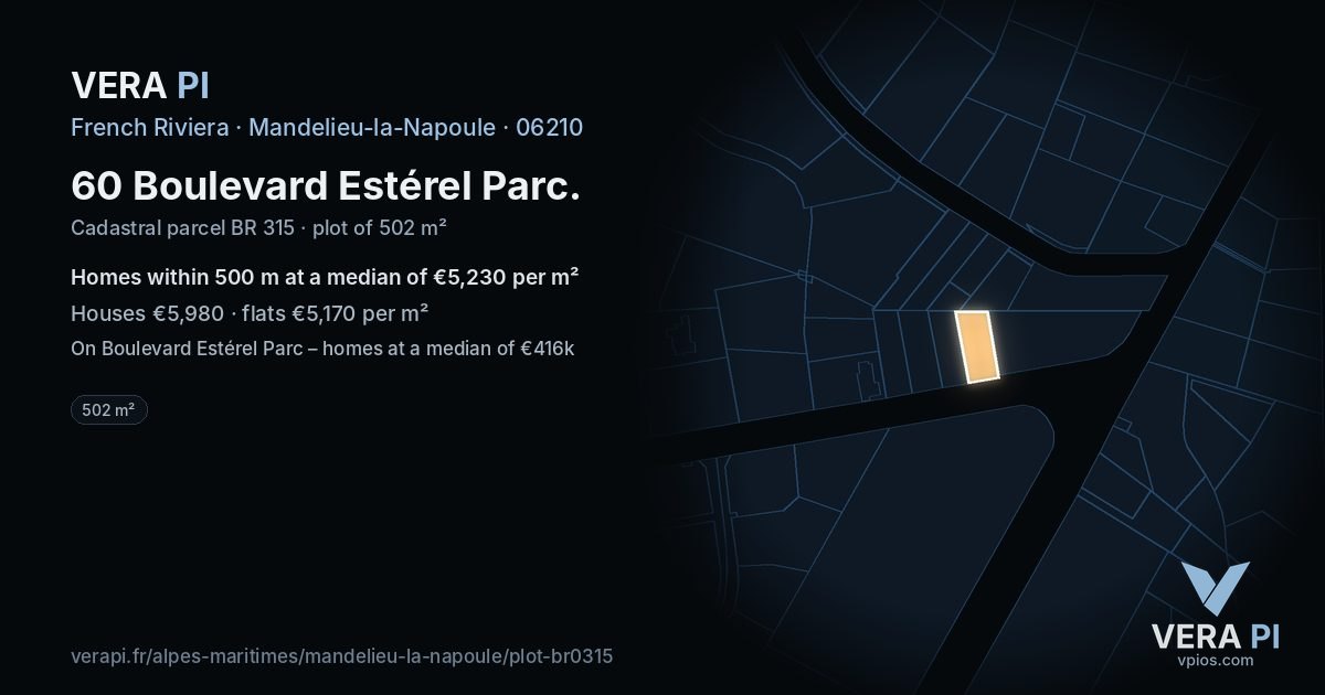 60 Boulevard Estérel Parc, Mandelieu-la-Napoule at night – the plot lit, the parcels around coloured by the prices near them