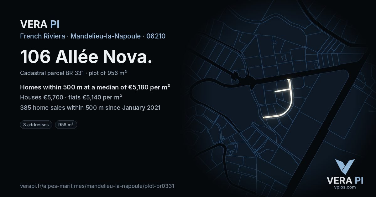 106 Allée Nova, Mandelieu-la-Napoule at night – the plot lit, the parcels around coloured by the prices near them