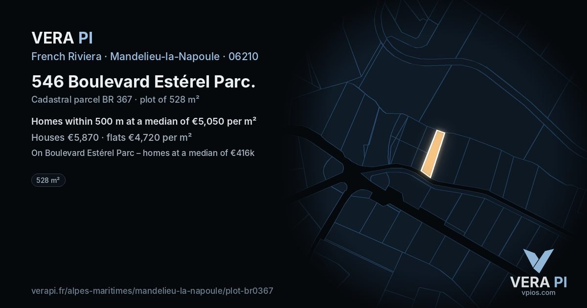 546 Boulevard Estérel Parc, Mandelieu-la-Napoule at night – the plot lit, the parcels around coloured by the prices near them