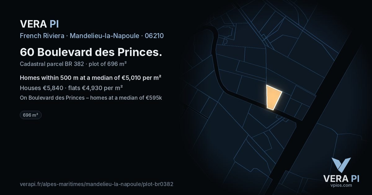 60 Boulevard des Princes, Mandelieu-la-Napoule at night – the plot lit, the parcels around coloured by the prices near them