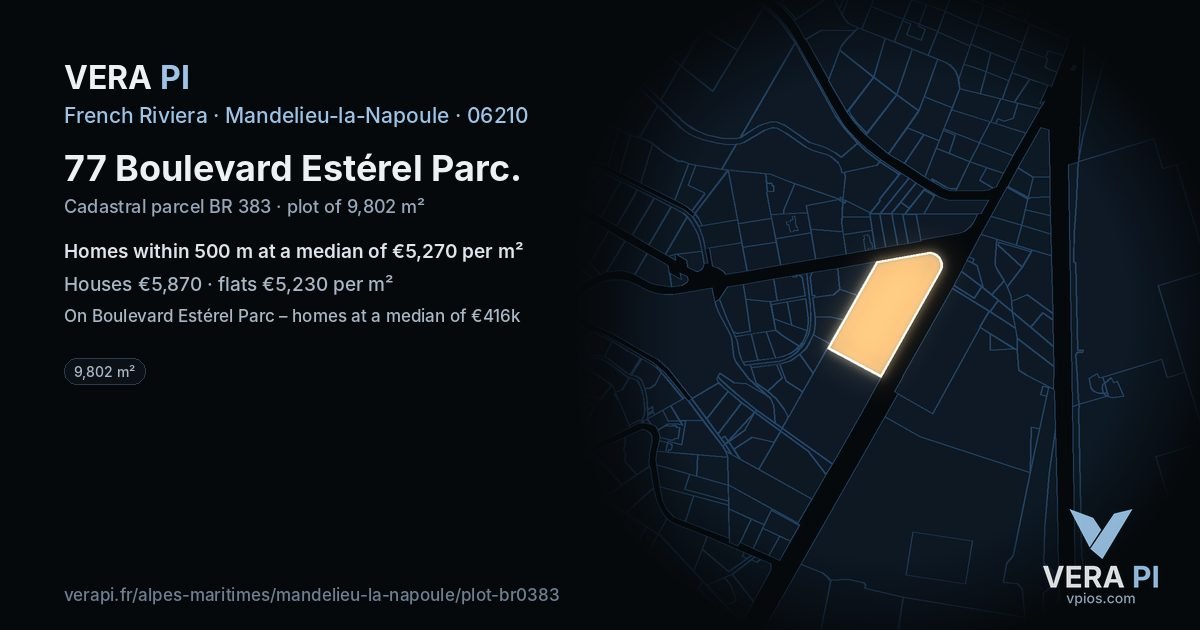 77 Boulevard Estérel Parc, Mandelieu-la-Napoule at night – the plot lit, the parcels around coloured by the prices near them