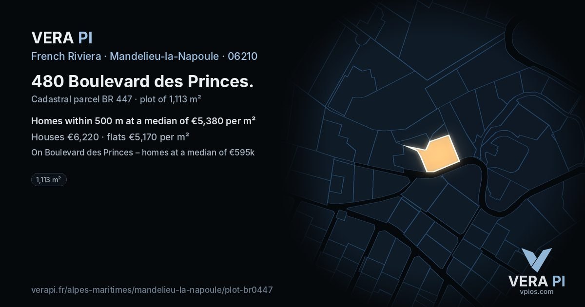 480 Boulevard des Princes, Mandelieu-la-Napoule at night – the plot lit, the parcels around coloured by the prices near them