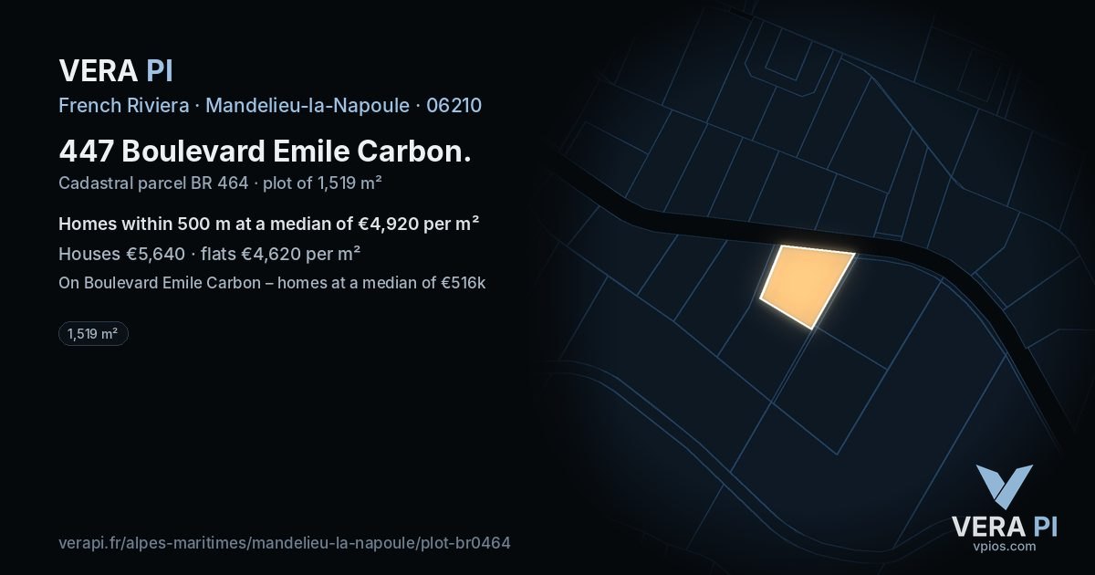 447 Boulevard Emile Carbon, Mandelieu-la-Napoule at night – the plot lit, the parcels around coloured by the prices near them