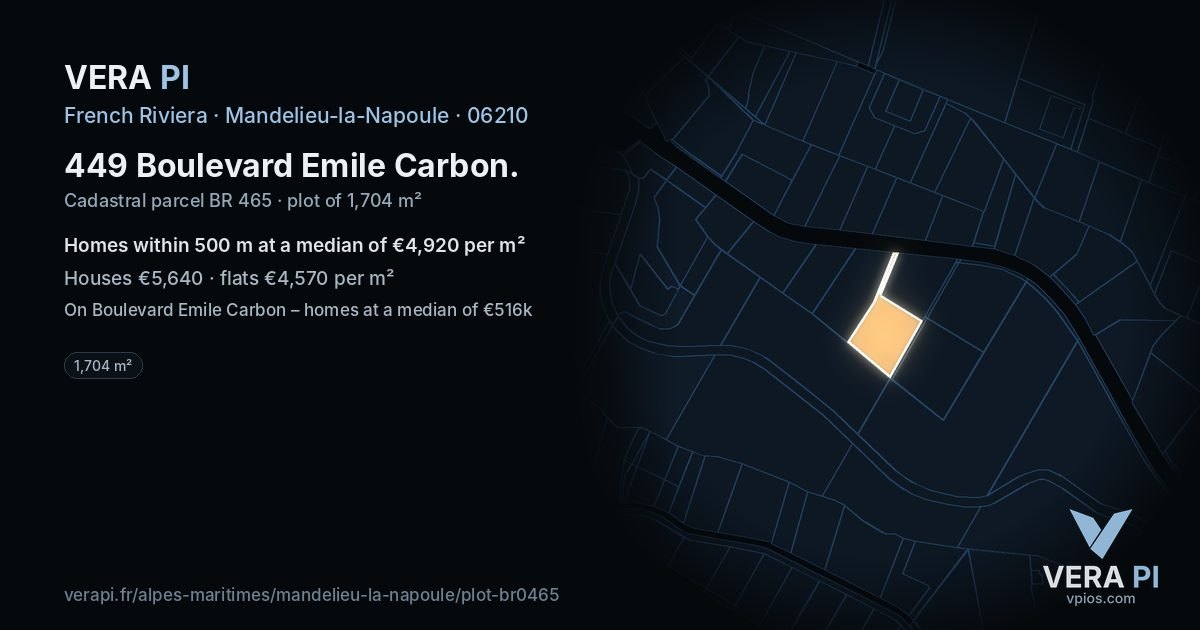 449 Boulevard Emile Carbon, Mandelieu-la-Napoule at night – the plot lit, the parcels around coloured by the prices near them