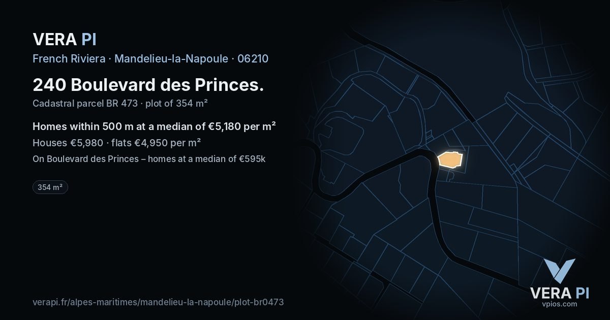 240 Boulevard des Princes, Mandelieu-la-Napoule at night – the plot lit, the parcels around coloured by the prices near them