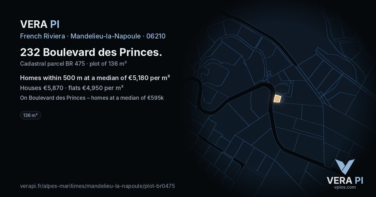 232 Boulevard des Princes, Mandelieu-la-Napoule at night – the plot lit, the parcels around coloured by the prices near them