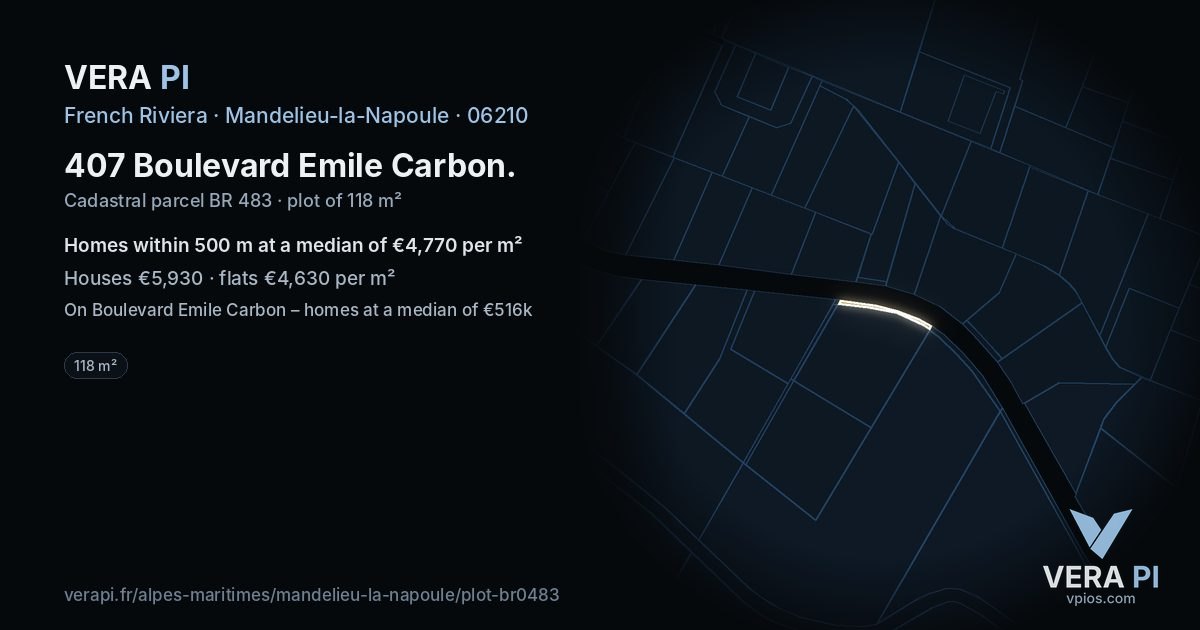 407 Boulevard Emile Carbon, Mandelieu-la-Napoule at night – the plot lit, the parcels around coloured by the prices near them