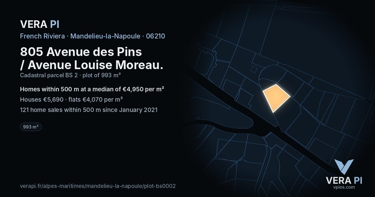 805 Avenue des Pins / Avenue Louise Moreau, Mandelieu-la-Napoule at night – the plot lit, the parcels around coloured by the prices near them