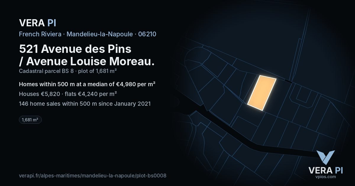 521 Avenue des Pins / Avenue Louise Moreau, Mandelieu-la-Napoule at night – the plot lit, the parcels around coloured by the prices near them