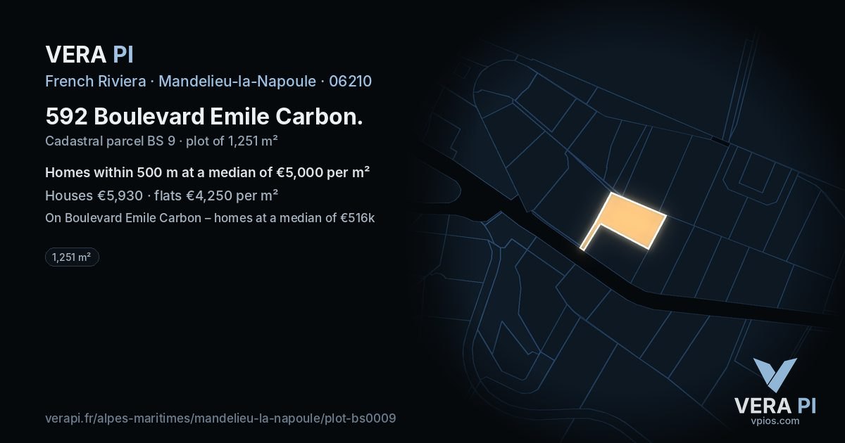 592 Boulevard Emile Carbon, Mandelieu-la-Napoule at night – the plot lit, the parcels around coloured by the prices near them
