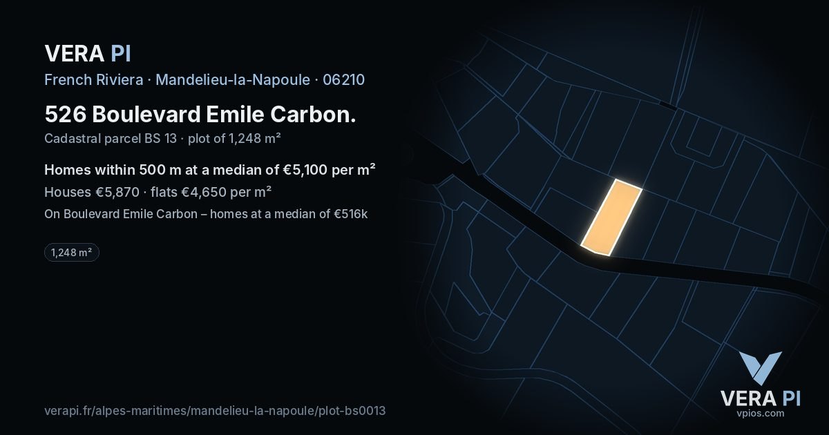 526 Boulevard Emile Carbon, Mandelieu-la-Napoule at night – the plot lit, the parcels around coloured by the prices near them