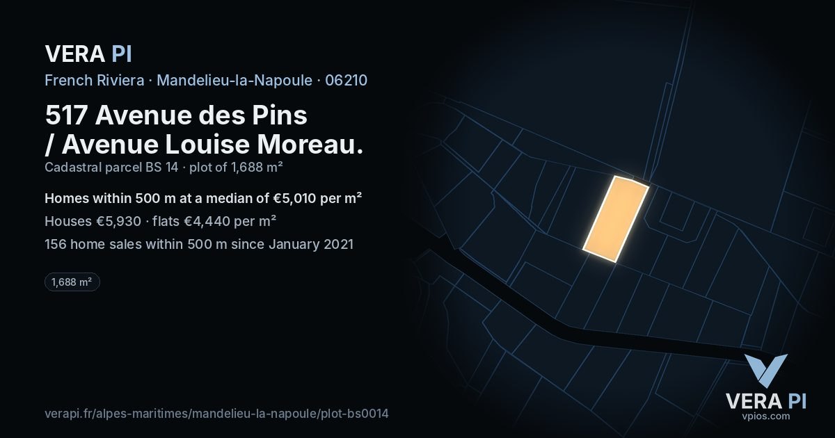 517 Avenue des Pins / Avenue Louise Moreau, Mandelieu-la-Napoule at night – the plot lit, the parcels around coloured by the prices near them