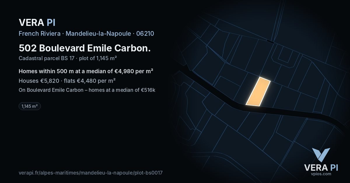 502 Boulevard Emile Carbon, Mandelieu-la-Napoule at night – the plot lit, the parcels around coloured by the prices near them
