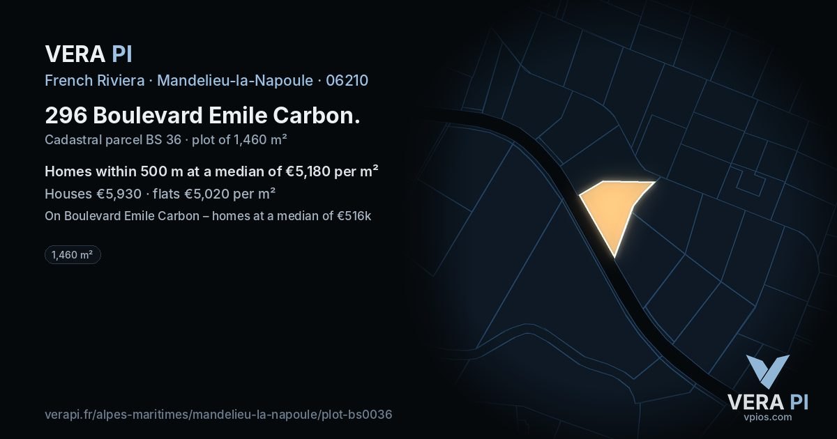 296 Boulevard Emile Carbon, Mandelieu-la-Napoule at night – the plot lit, the parcels around coloured by the prices near them