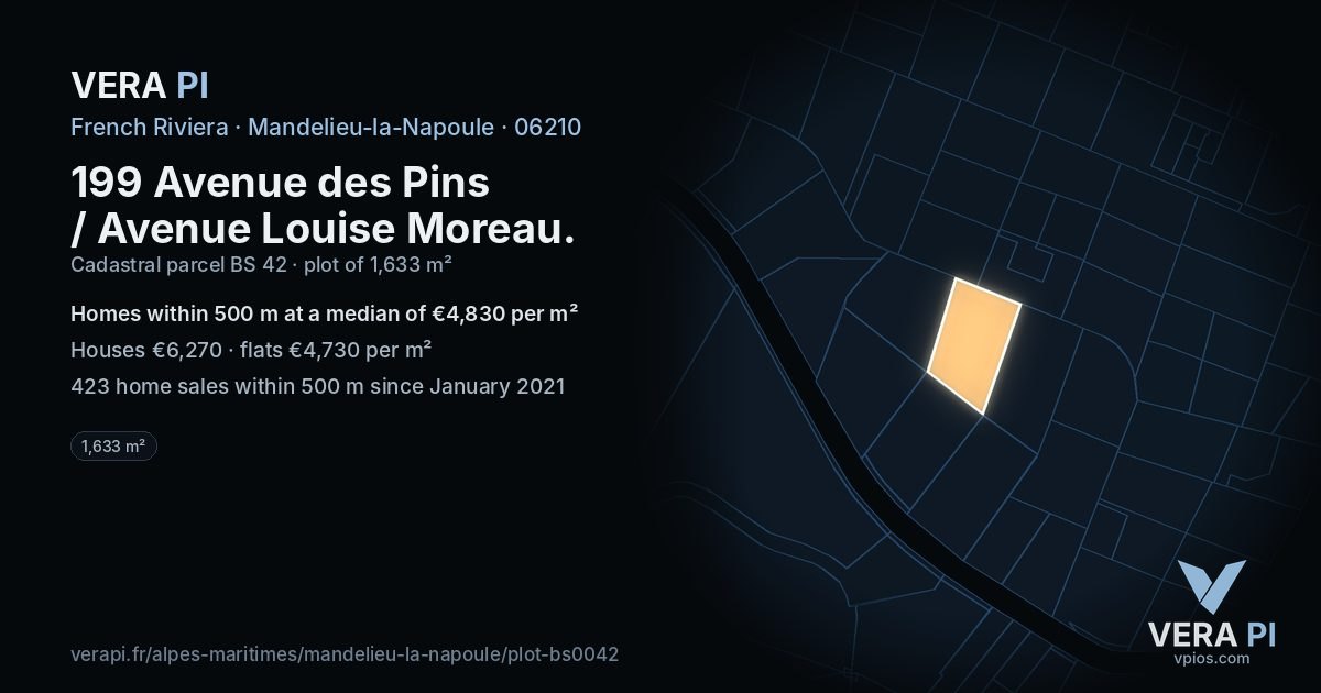199 Avenue des Pins / Avenue Louise Moreau, Mandelieu-la-Napoule at night – the plot lit, the parcels around coloured by the prices near them