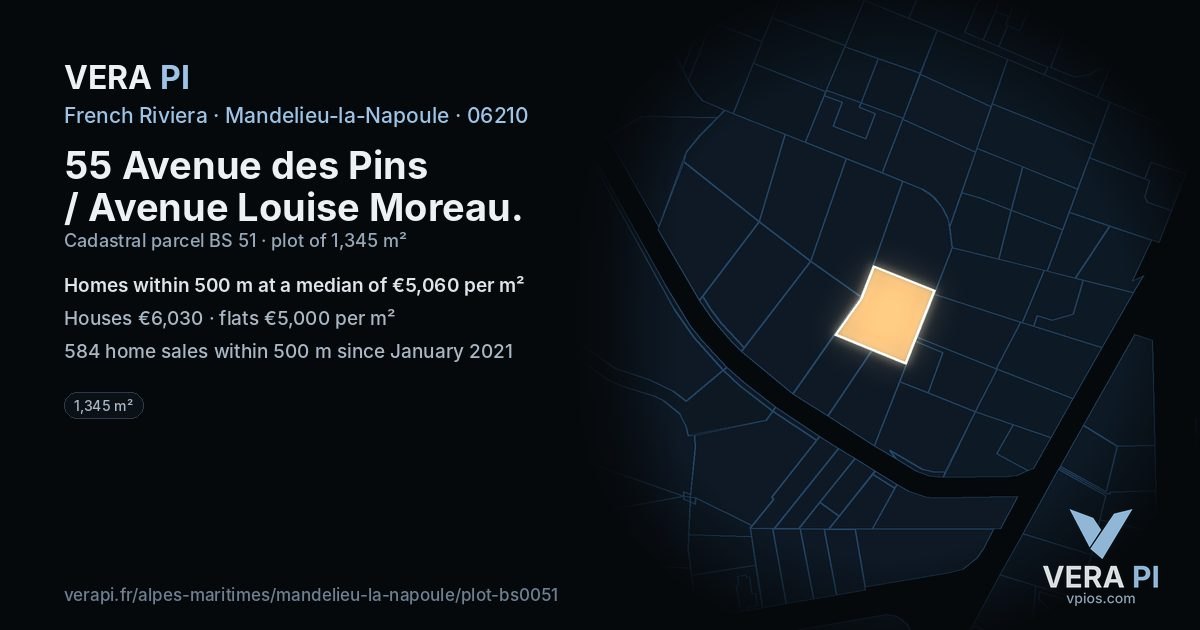 55 Avenue des Pins / Avenue Louise Moreau, Mandelieu-la-Napoule at night – the plot lit, the parcels around coloured by the prices near them