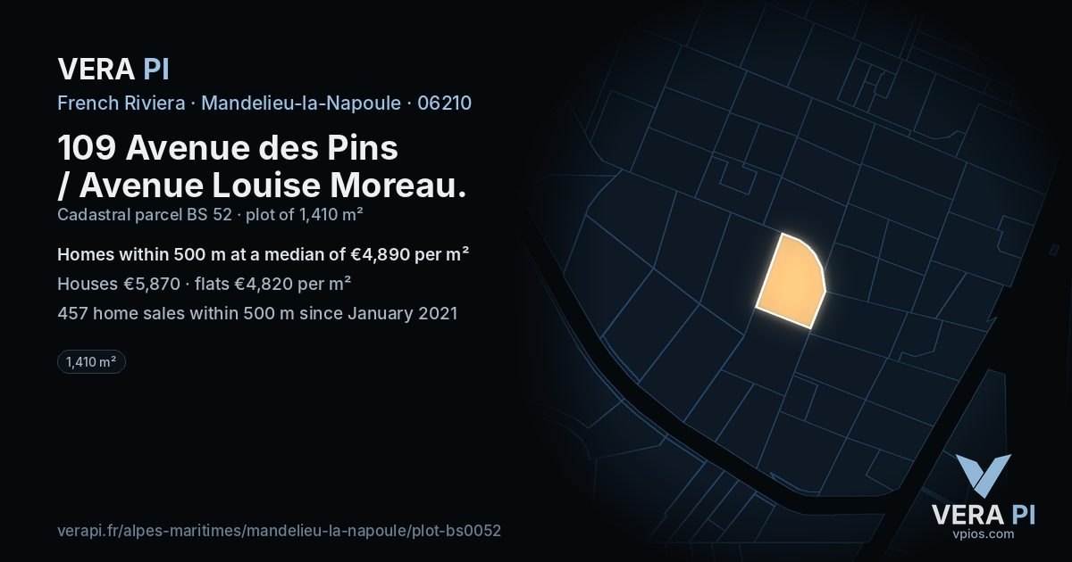 109 Avenue des Pins / Avenue Louise Moreau, Mandelieu-la-Napoule at night – the plot lit, the parcels around coloured by the prices near them