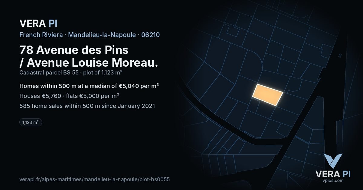 78 Avenue des Pins / Avenue Louise Moreau, Mandelieu-la-Napoule at night – the plot lit, the parcels around coloured by the prices near them