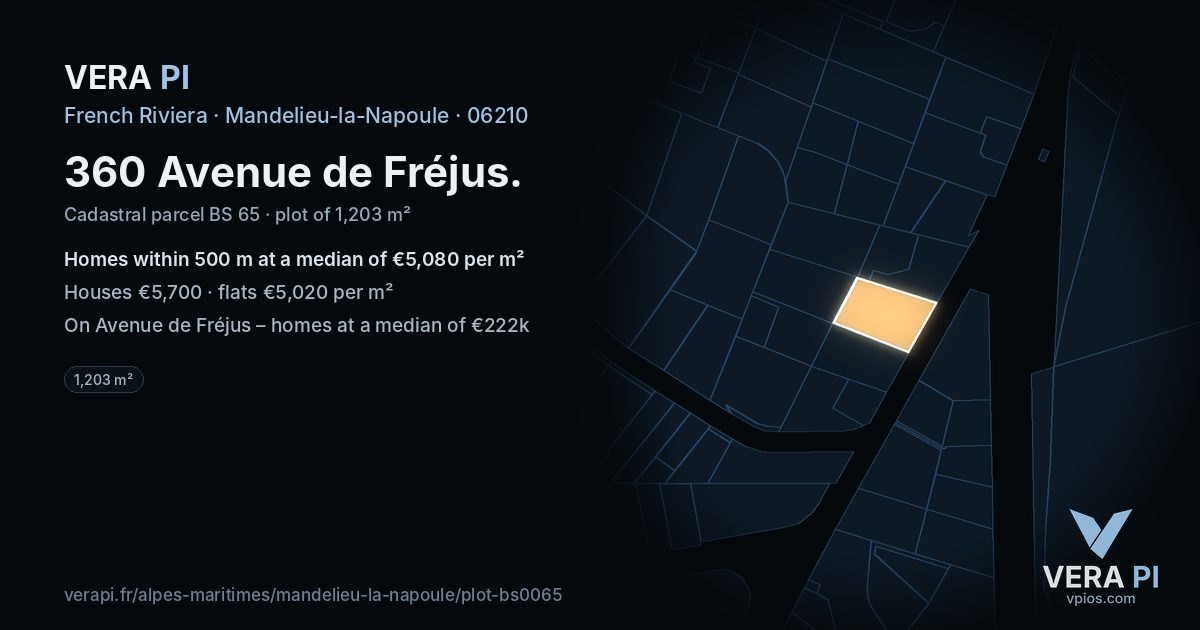360 Avenue de Fréjus, Mandelieu-la-Napoule at night – the plot lit, the parcels around coloured by the prices near them