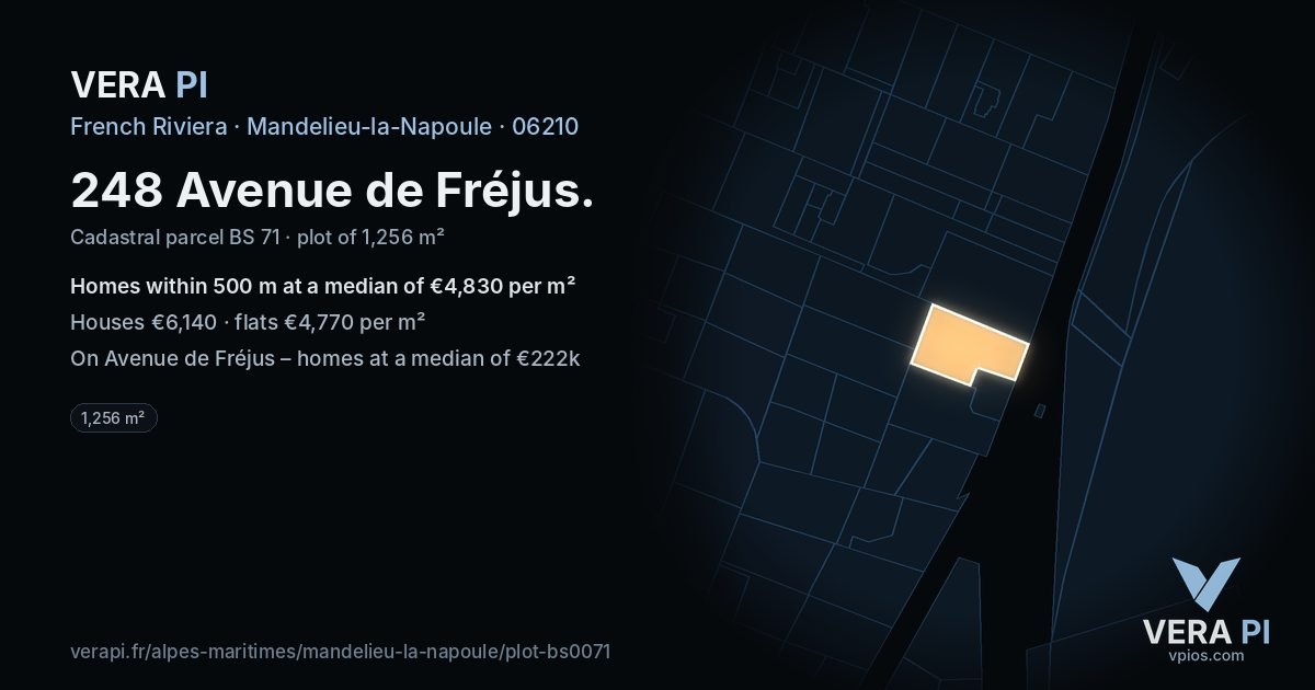 248 Avenue de Fréjus, Mandelieu-la-Napoule at night – the plot lit, the parcels around coloured by the prices near them
