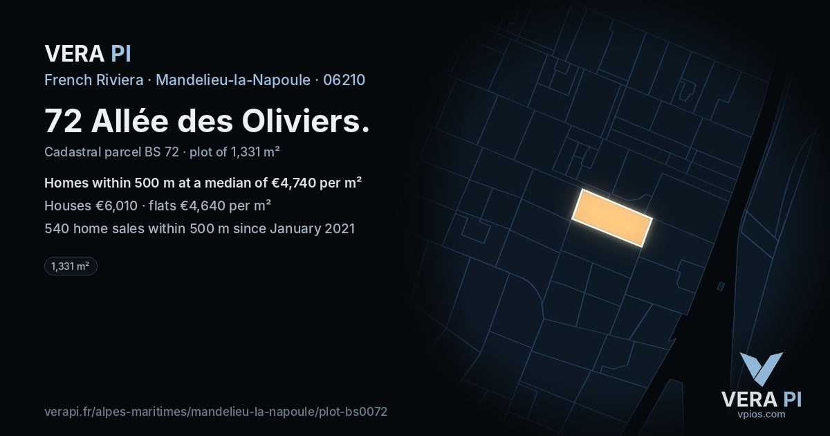 72 Allée des Oliviers, Mandelieu-la-Napoule at night – the plot lit, the parcels around coloured by the prices near them