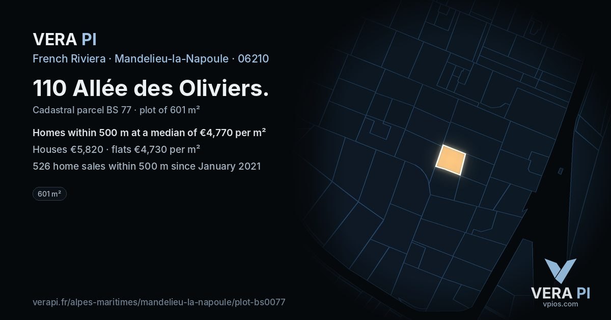 110 Allée des Oliviers, Mandelieu-la-Napoule at night – the plot lit, the parcels around coloured by the prices near them
