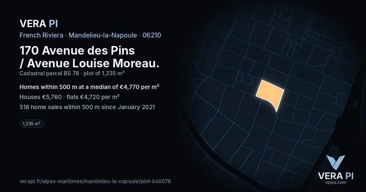 170 Avenue des Pins / Avenue Louise Moreau, Mandelieu-la-Napoule at night – the plot lit, the parcels around coloured by the prices near them