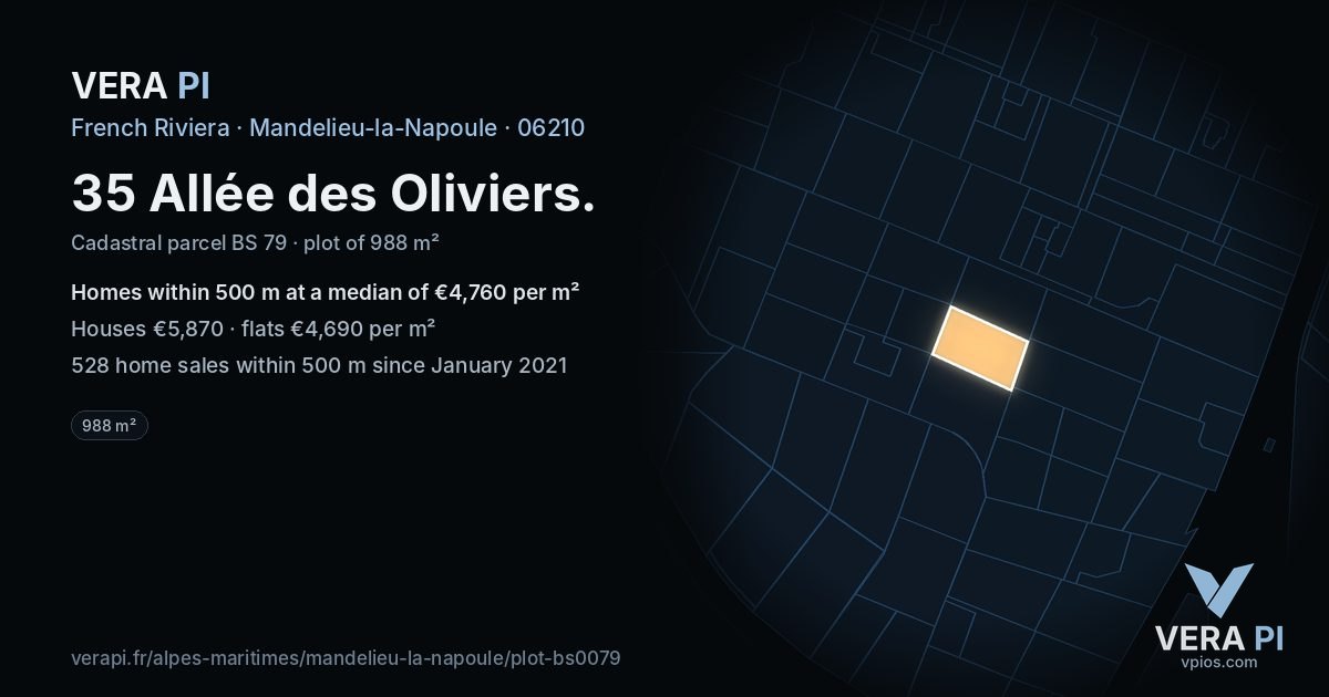 35 Allée des Oliviers, Mandelieu-la-Napoule at night – the plot lit, the parcels around coloured by the prices near them