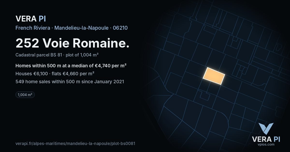 252 Voie Romaine, Mandelieu-la-Napoule at night – the plot lit, the parcels around coloured by the prices near them