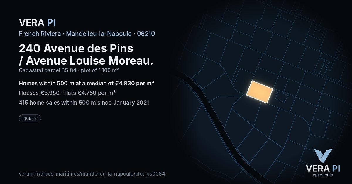 240 Avenue des Pins / Avenue Louise Moreau, Mandelieu-la-Napoule at night – the plot lit, the parcels around coloured by the prices near them