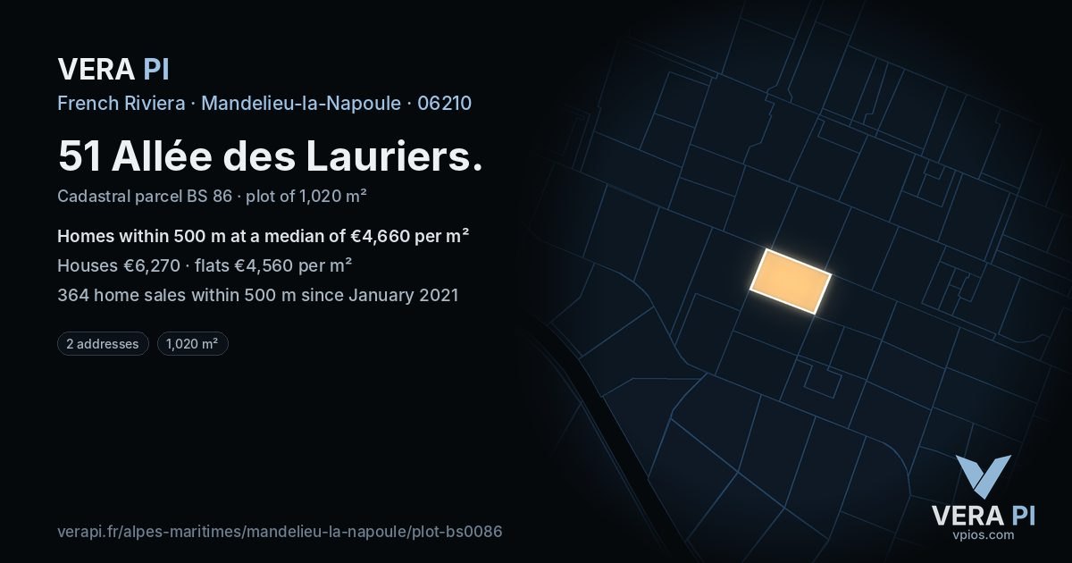 51 Allée des Lauriers, Mandelieu-la-Napoule at night – the plot lit, the parcels around coloured by the prices near them