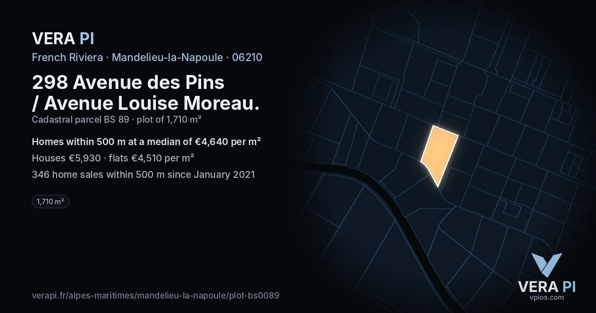298 Avenue des Pins / Avenue Louise Moreau, Mandelieu-la-Napoule at night – the plot lit, the parcels around coloured by the prices near them