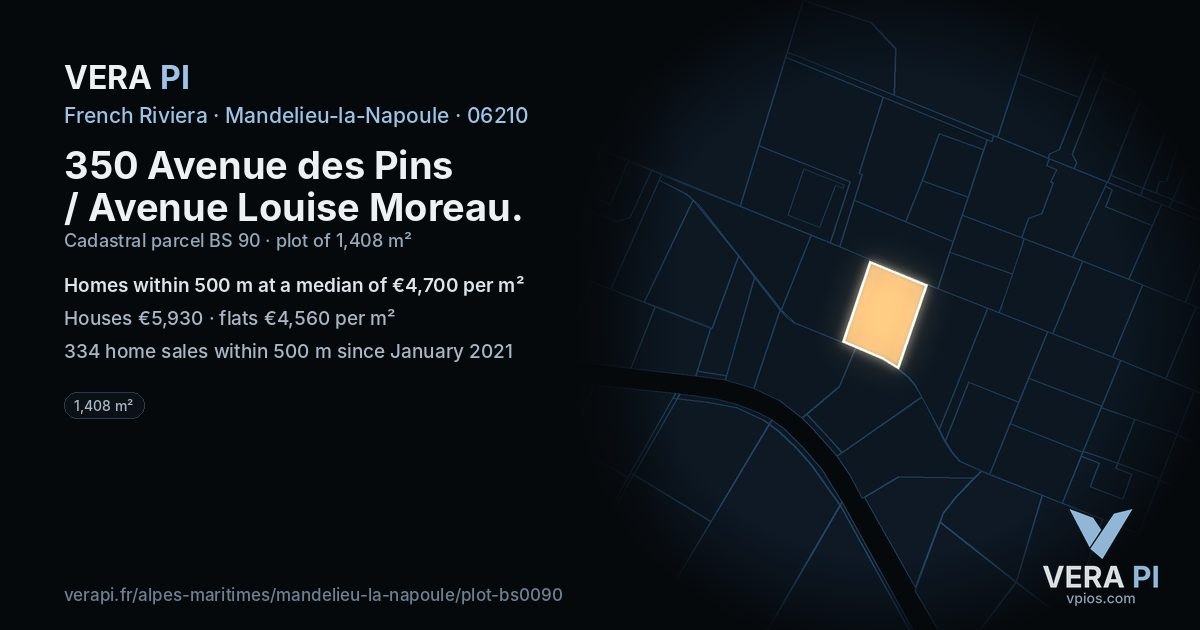 350 Avenue des Pins / Avenue Louise Moreau, Mandelieu-la-Napoule at night – the plot lit, the parcels around coloured by the prices near them