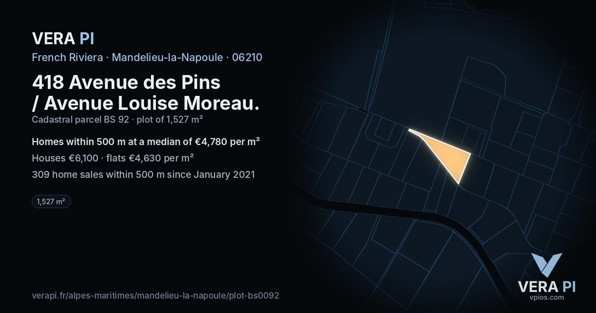 418 Avenue des Pins / Avenue Louise Moreau, Mandelieu-la-Napoule at night – the plot lit, the parcels around coloured by the prices near them