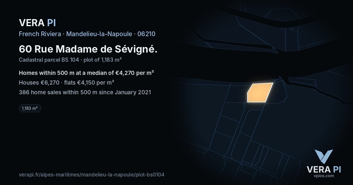 60 Rue Madame de Sévigné, Mandelieu-la-Napoule at night – the plot lit, the parcels around coloured by the prices near them