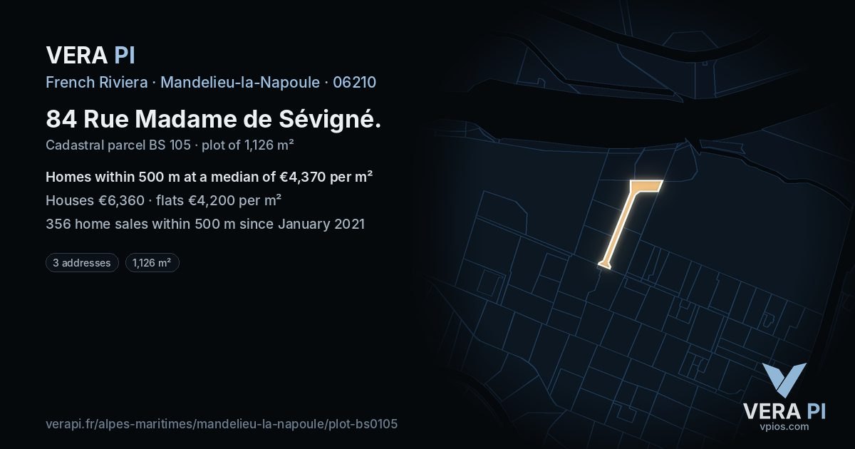 84 Rue Madame de Sévigné, Mandelieu-la-Napoule at night – the plot lit, the parcels around coloured by the prices near them