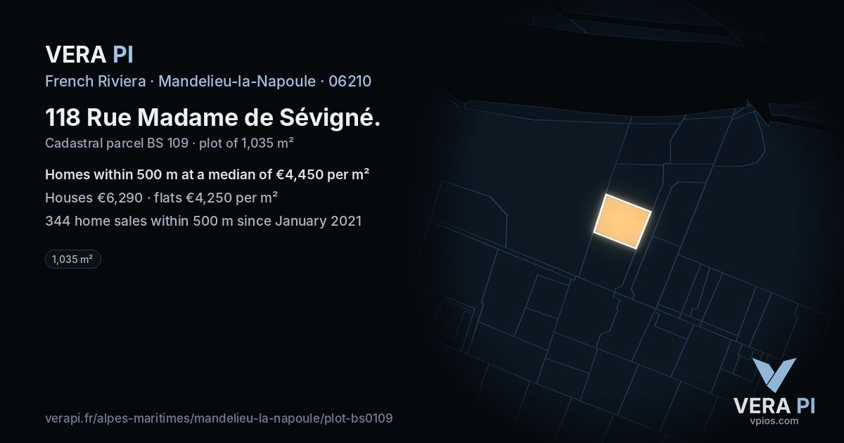 118 Rue Madame de Sévigné, Mandelieu-la-Napoule at night – the plot lit, the parcels around coloured by the prices near them
