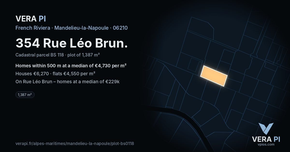 354 Rue Léo Brun, Mandelieu-la-Napoule at night – the plot lit, the parcels around coloured by the prices near them