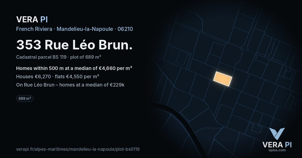 353 Rue Léo Brun, Mandelieu-la-Napoule at night – the plot lit, the parcels around coloured by the prices near them