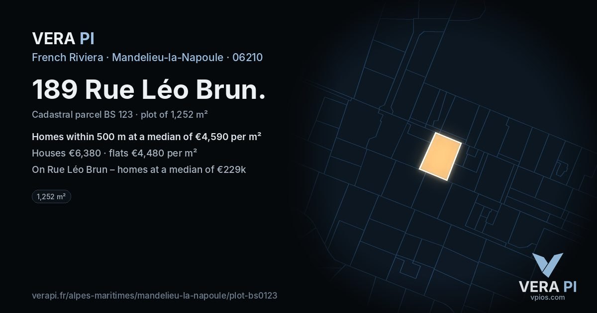 189 Rue Léo Brun, Mandelieu-la-Napoule at night – the plot lit, the parcels around coloured by the prices near them