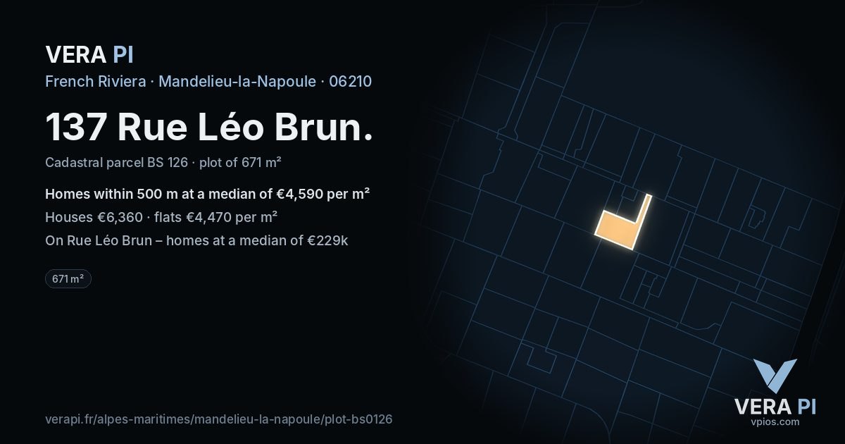 137 Rue Léo Brun, Mandelieu-la-Napoule at night – the plot lit, the parcels around coloured by the prices near them
