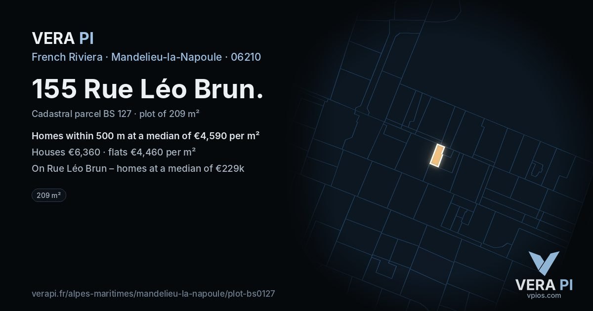 155 Rue Léo Brun, Mandelieu-la-Napoule at night – the plot lit, the parcels around coloured by the prices near them